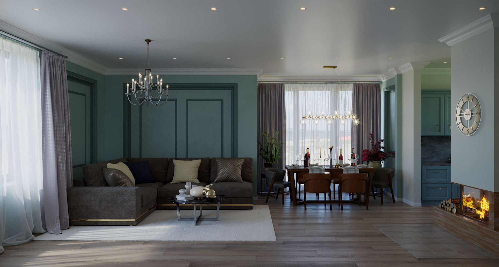 Sala de estar de visualização 3D com cozinha em 3d max corona render imagem