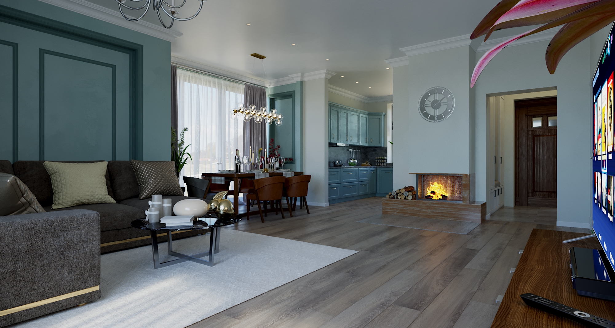 3D-визуализация гостиная с кухней в 3d max corona render изображение