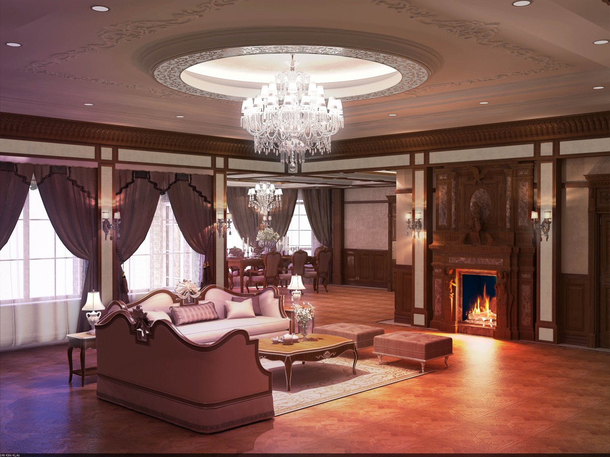 Fireplace hall in 3d max vray image