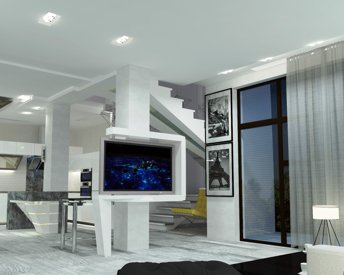 new living room + dining kitchen in 3d max vray image