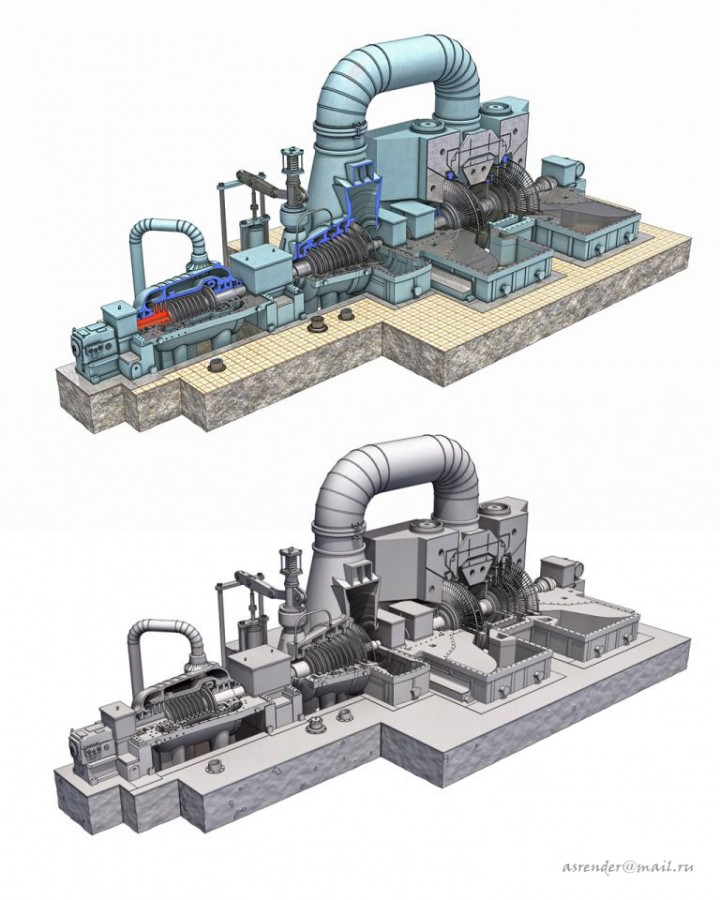 Модель турбины электростанции в 3d max FinalRender изображение