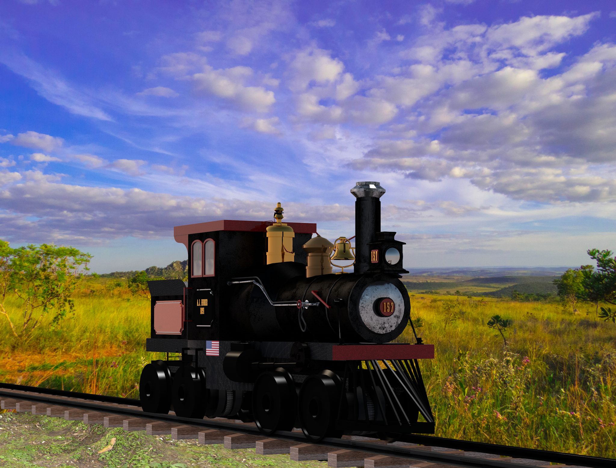 imagen de ferrocarril locomotora de vapor en Cinema 4d maxwell render