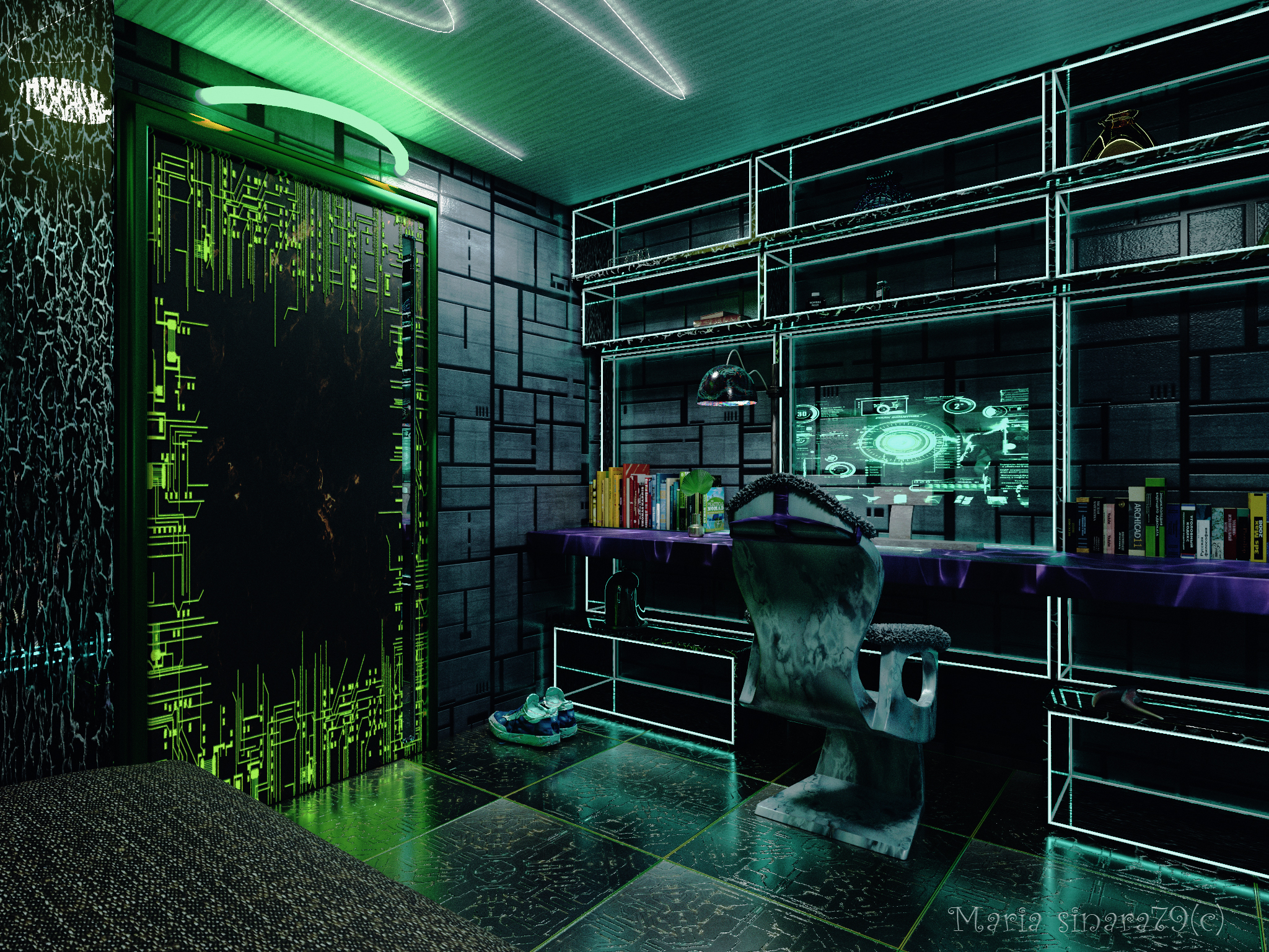 imagen de espacio para un adolescente con elementos cyberpunk en 3d max corona render