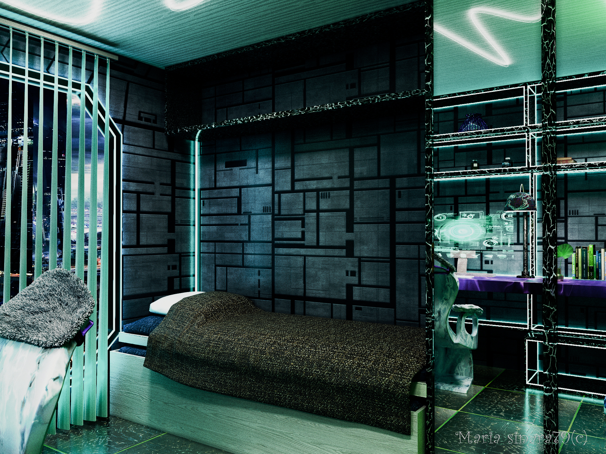 imagen de espacio para un adolescente con elementos cyberpunk en 3d max corona render
