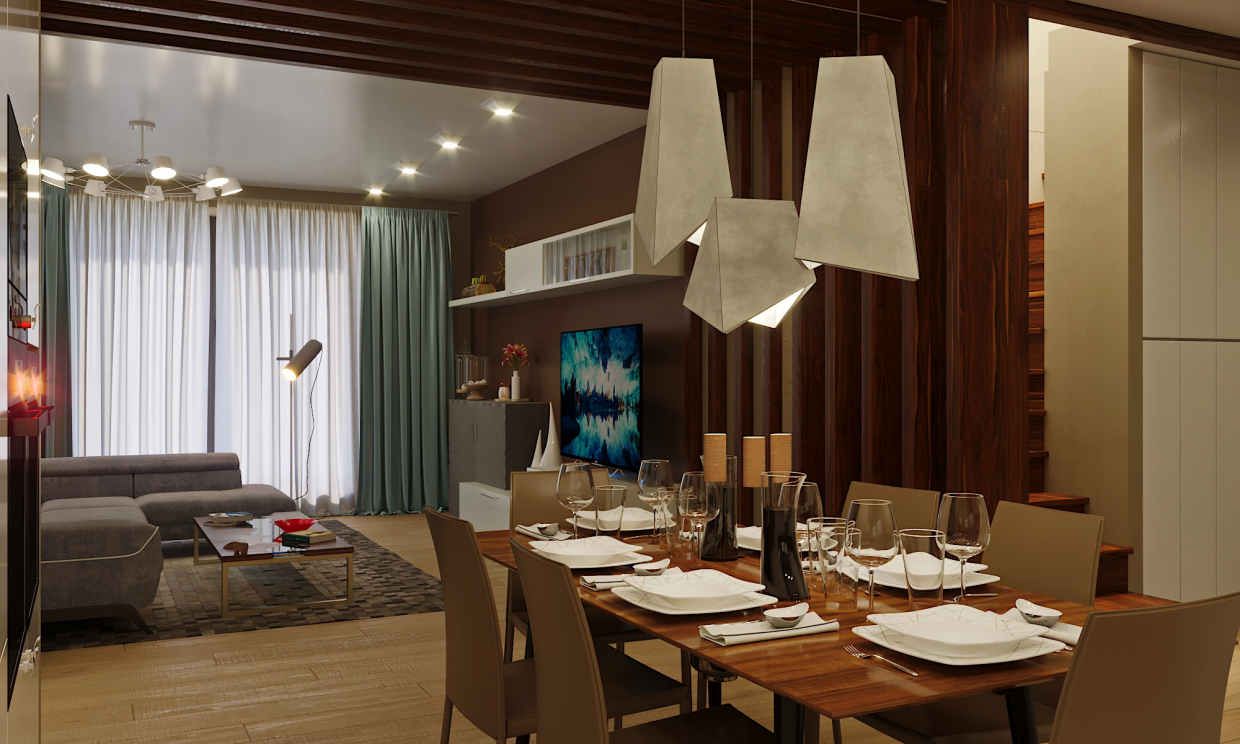imagen de sala de estar con cocina en 3d max corona render