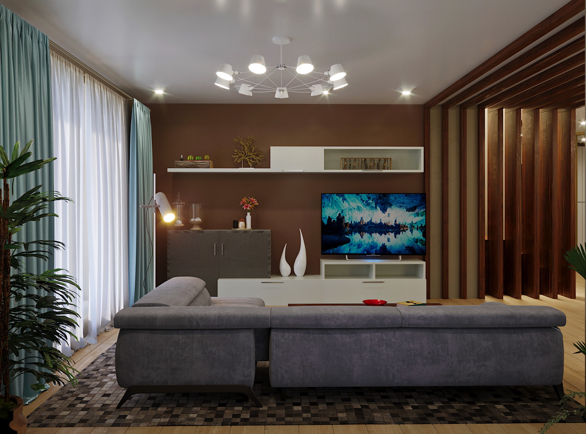 Wohnzimmer mit Küche in 3d max corona render Bild