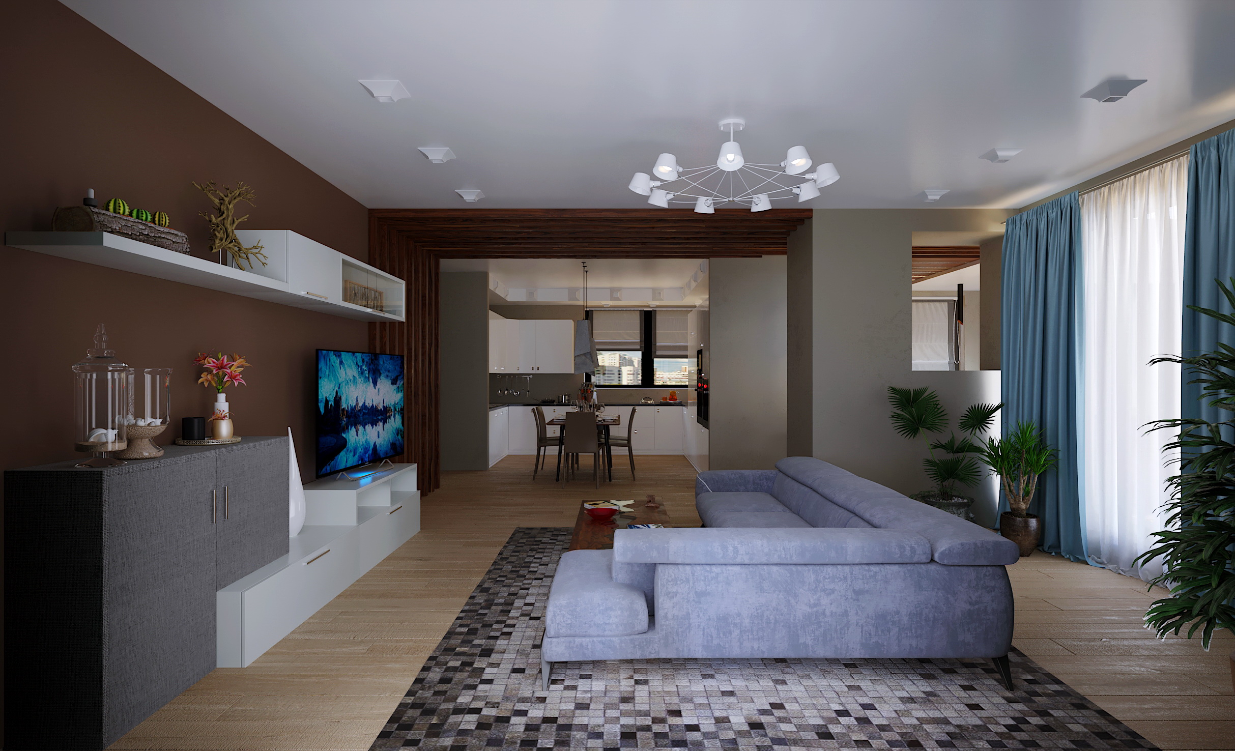 imagen de sala de estar con cocina en 3d max corona render