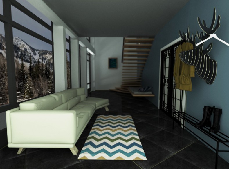 Entrance hall, kitchen and living room in 3d max corona render image