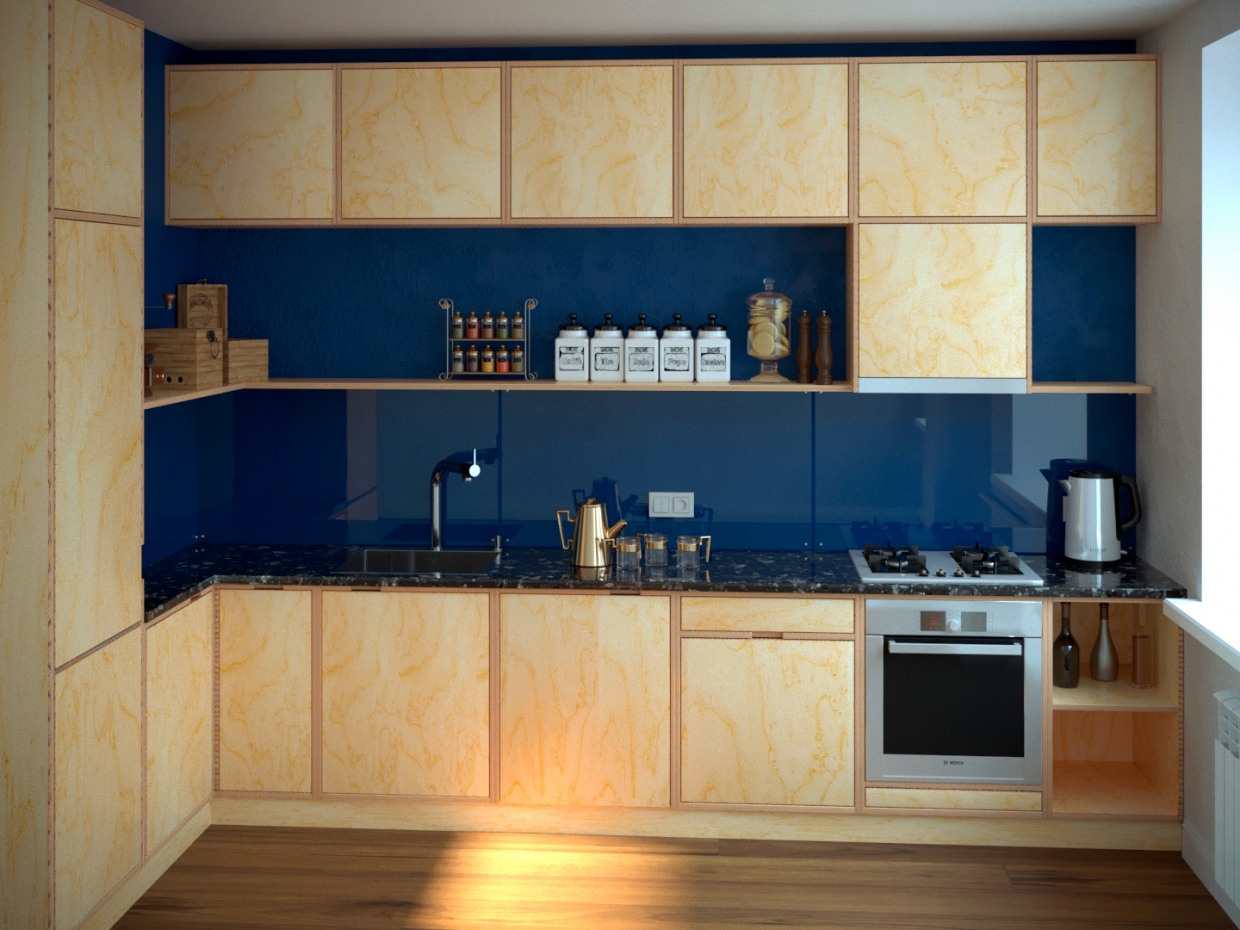 Plywood kitchen in 3d max corona render image