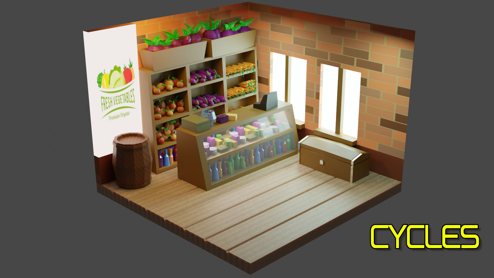 imagen de Tienda de verduras (Low-poly) en Blender cycles render