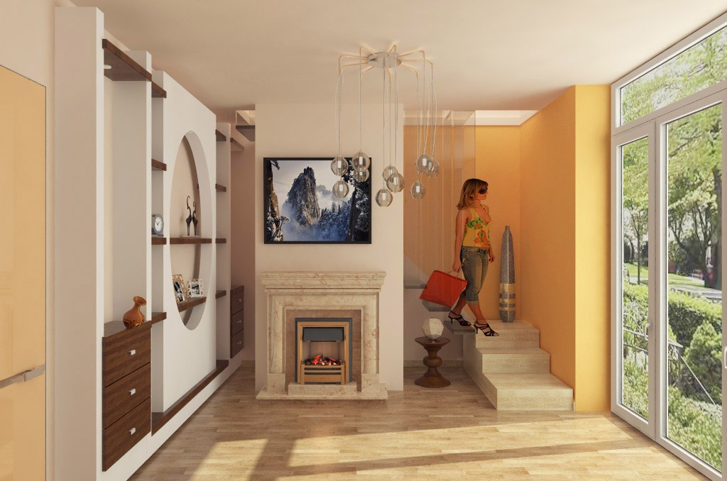 Hall with fireplace in 3d max vray 2.0 image