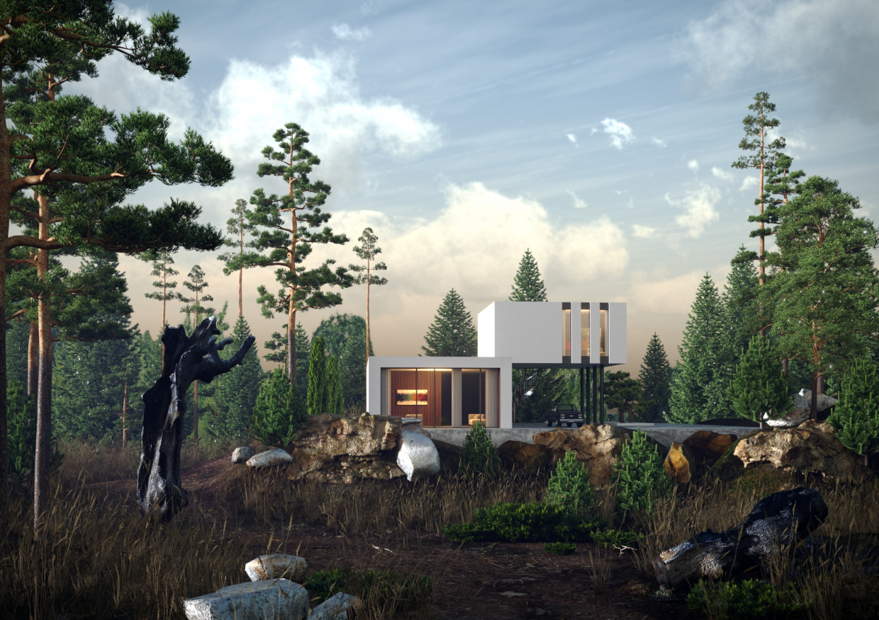 Экстерьер дома в стиле модернизм в Blender corona render изображение