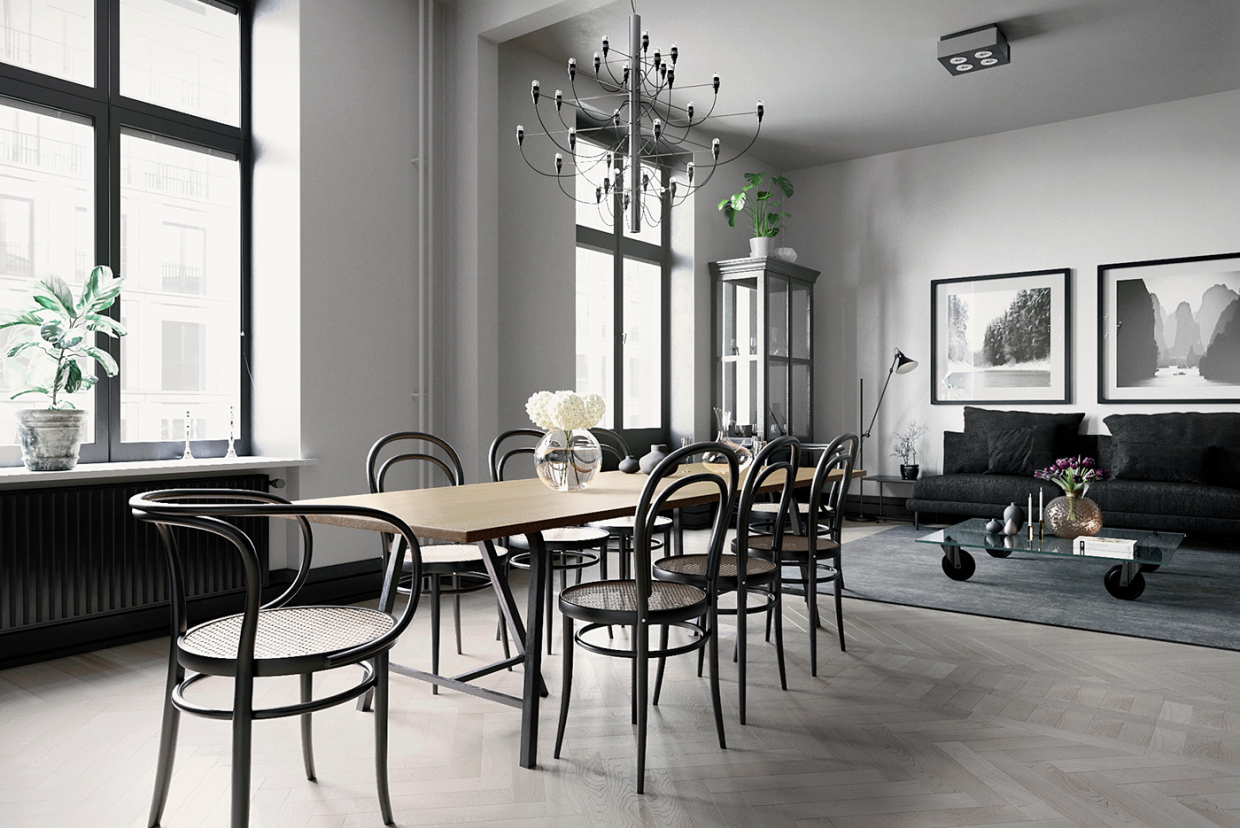 Visualization of the dining area in 3d max corona render image