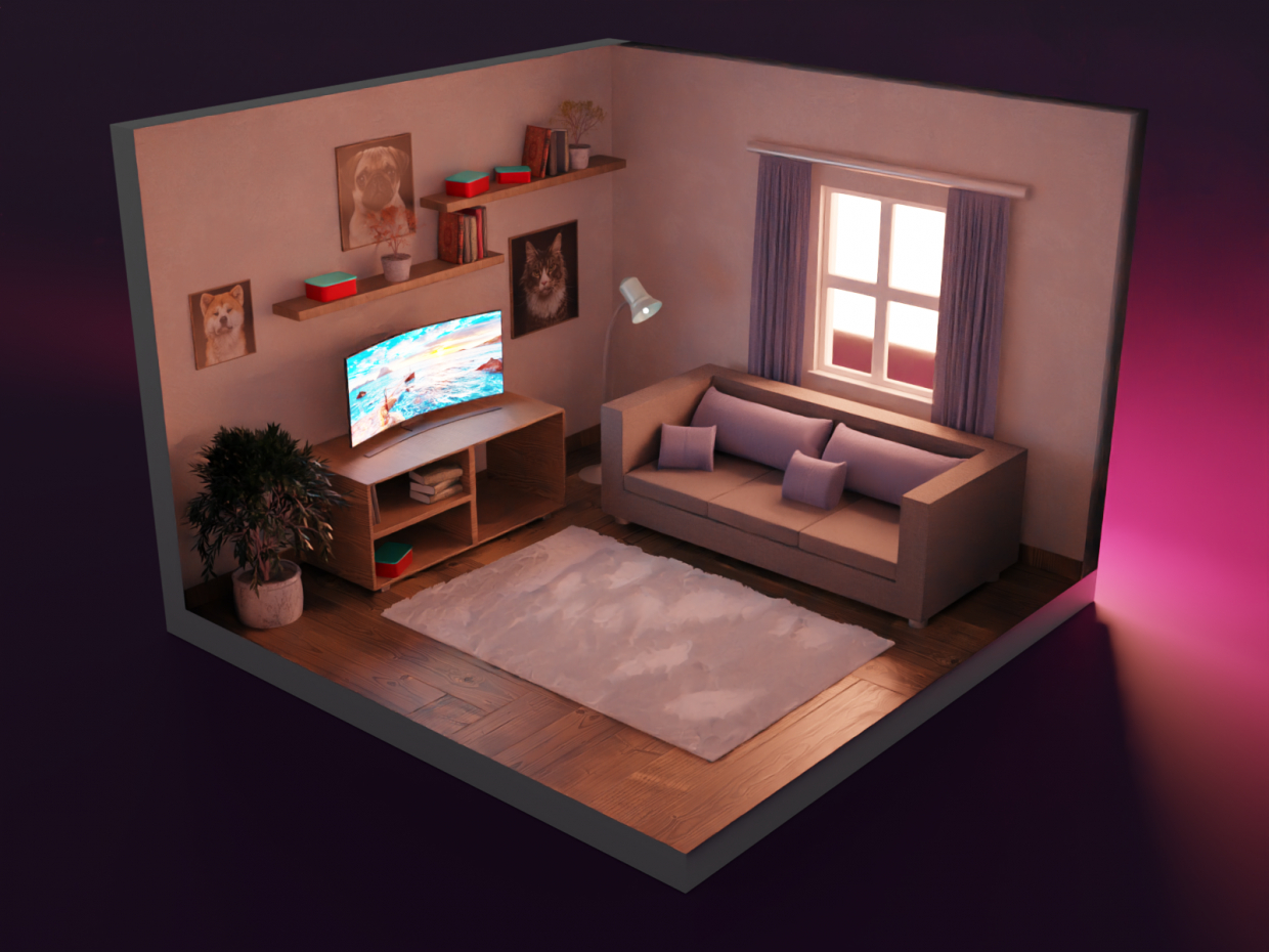 एक छोटे से आरामदायक कमरे का इंटीरियर Interior Blender cycles render में प्रस्तुत छवि