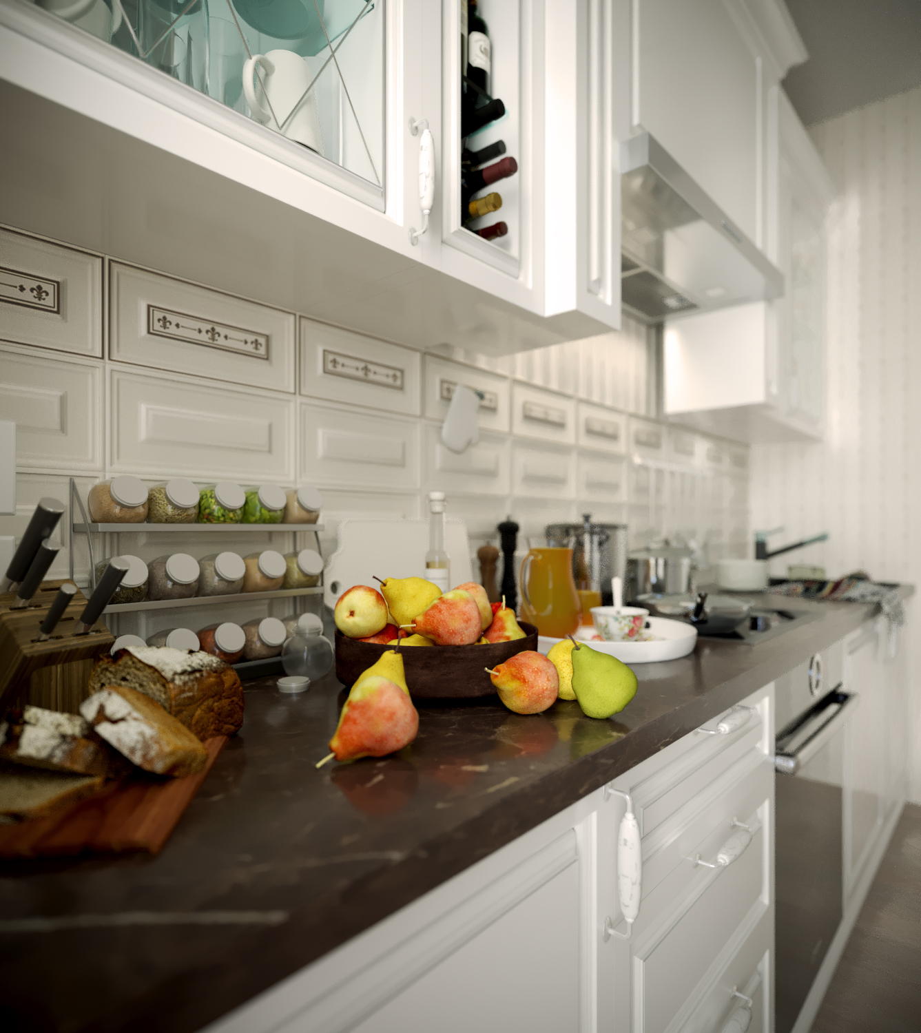 रसोई का 3 डी दृश्य 3d max corona render में प्रस्तुत छवि