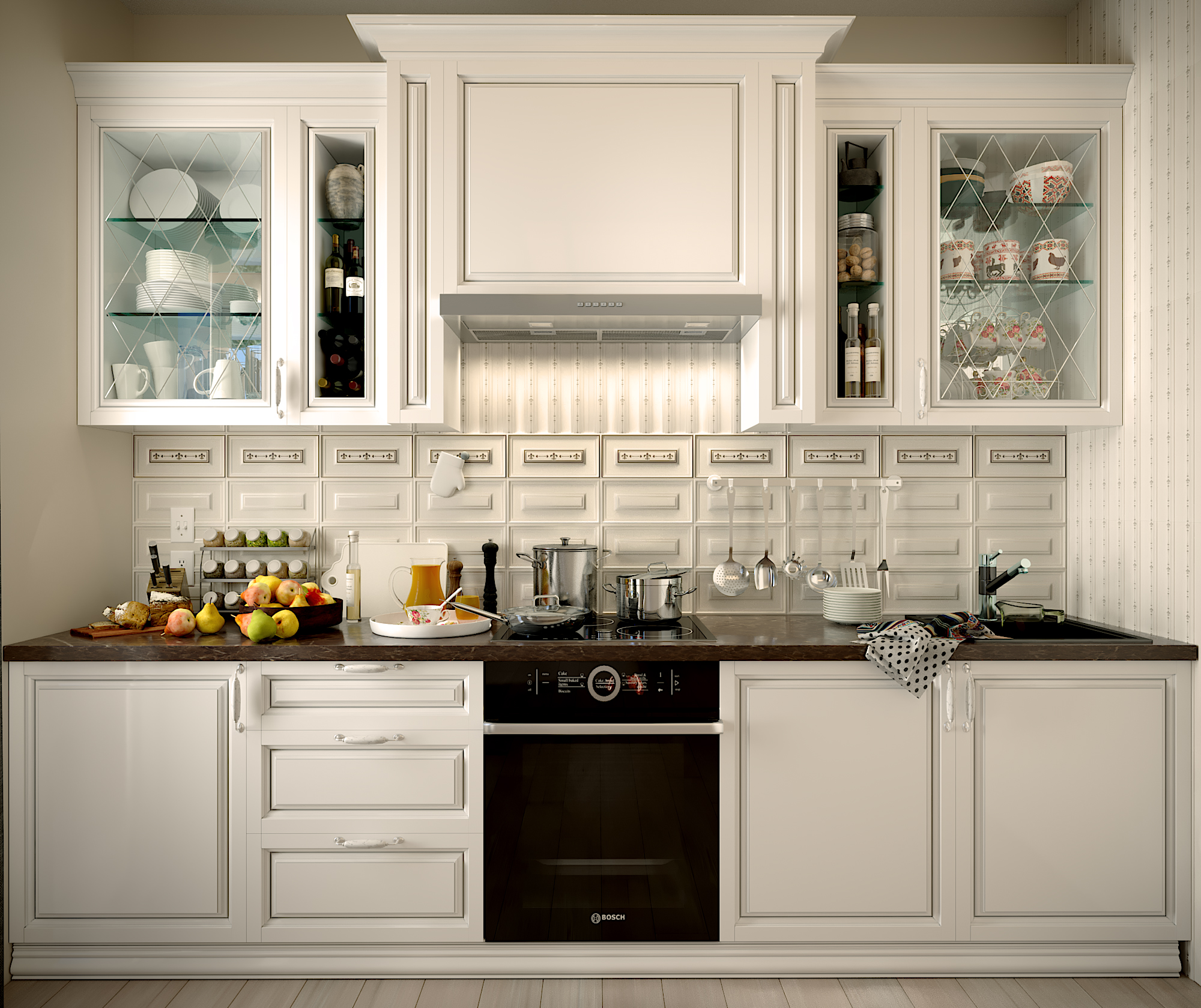 रसोई का 3 डी दृश्य 3d max corona render में प्रस्तुत छवि