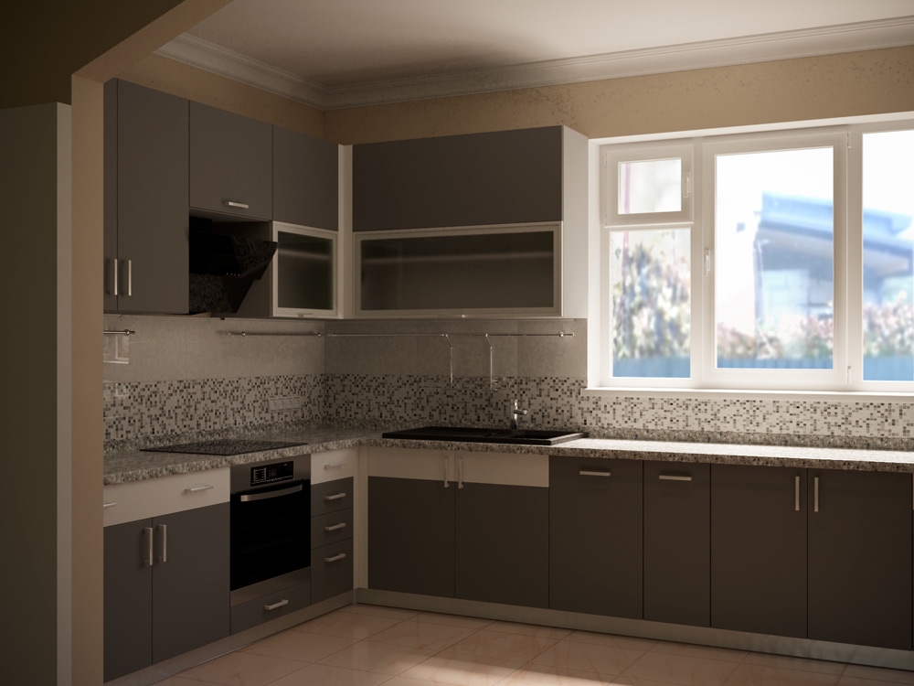 imagen de visualización de una cocina en 3d max corona render
