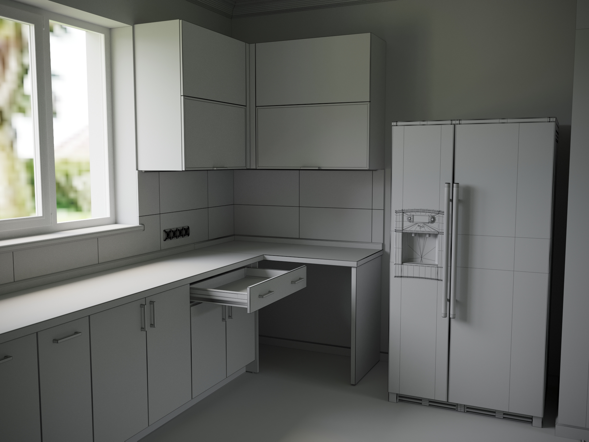 imagen de visualización de una cocina en 3d max corona render