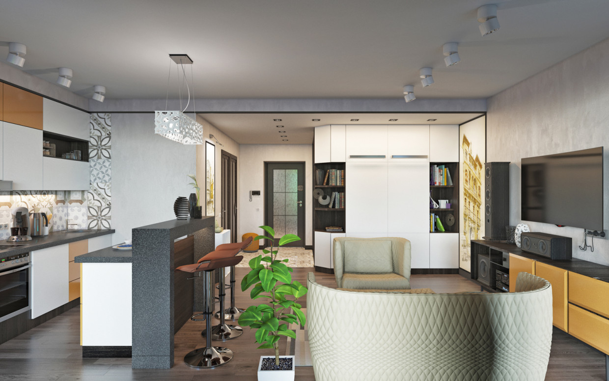 आवासीय परिसर। एक बेडरूम अपार्टमेंट (स्टूडियो) 3d max corona render में प्रस्तुत छवि