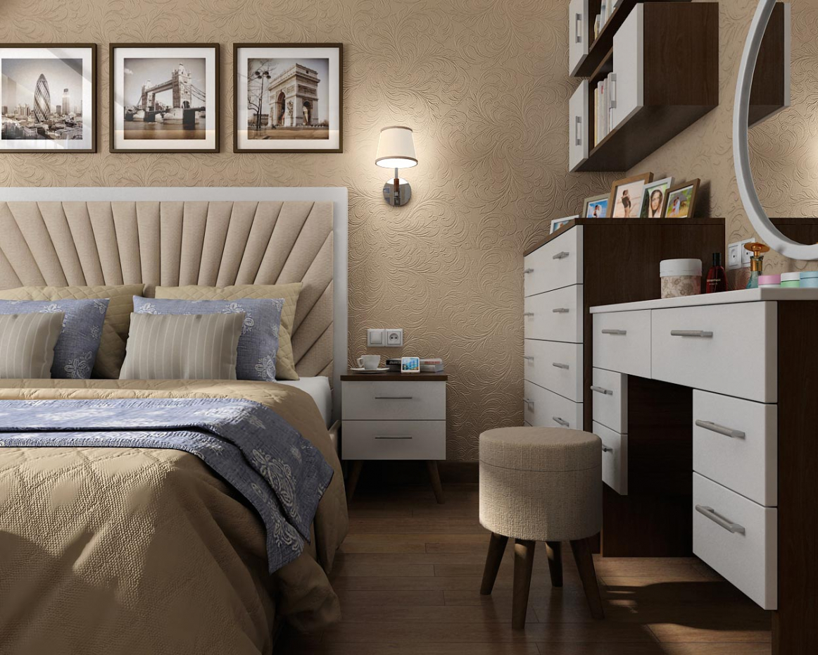 चेर्निगोव में एक अपार्टमेंट में एक बेडरूम के लिए आंतरिक डिजाइन परियोजना 3d max vray 1.5 में प्रस्तुत छवि