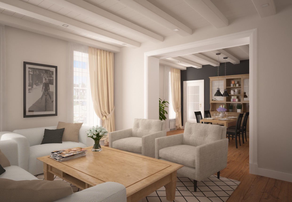 Kitchen + living room in 3d max vray image