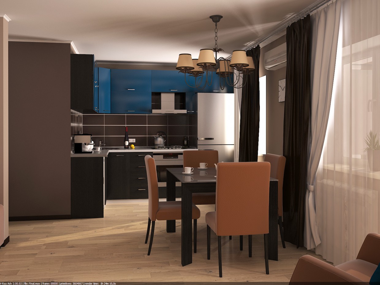 Living room + kitchen in 3d max vray image