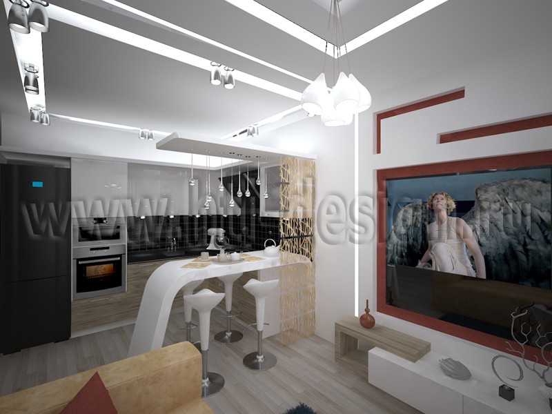 Kitchen with living room in 3d max vray image