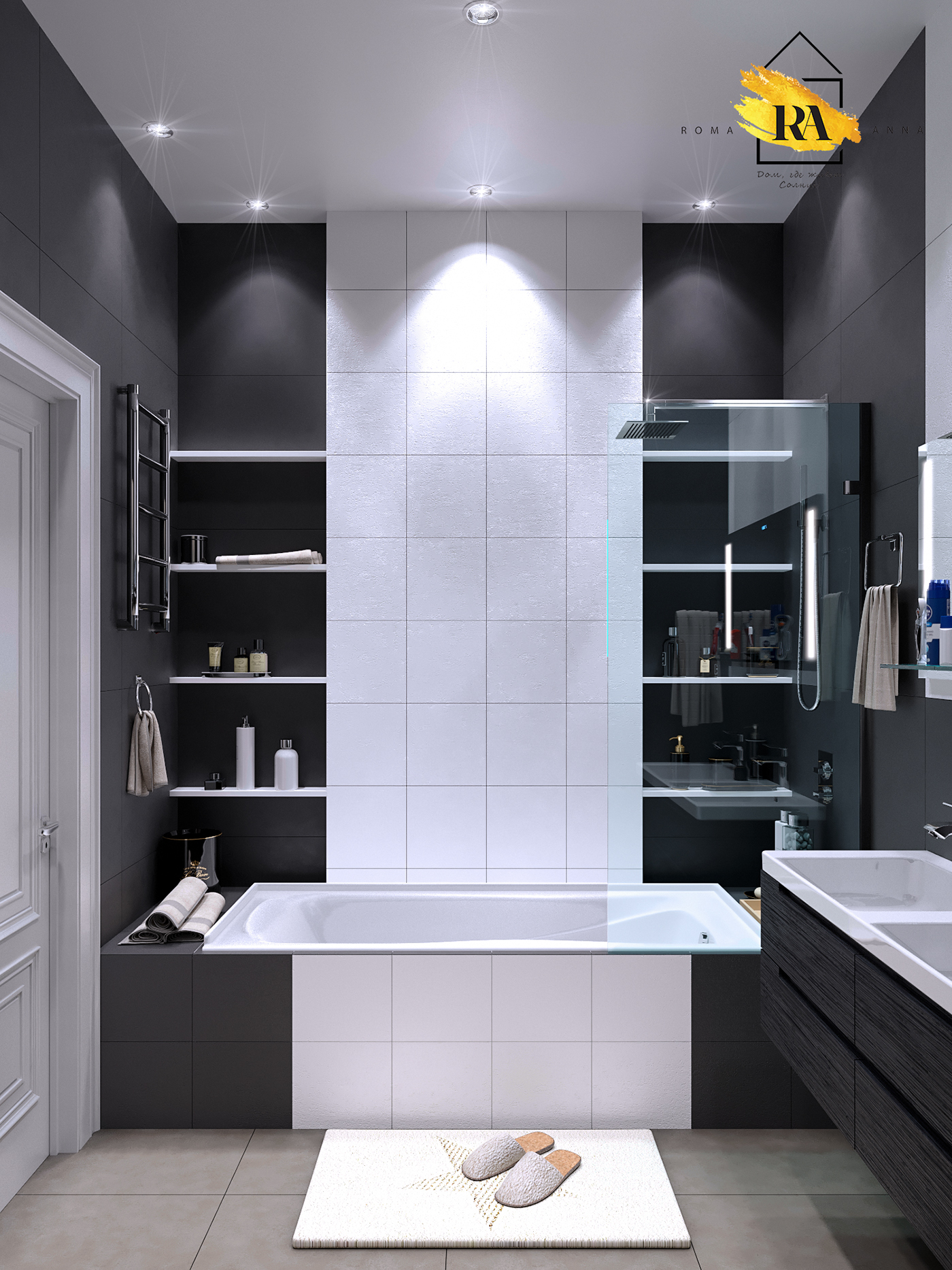 बाथरूम का दृश्य 3d max corona render में प्रस्तुत छवि