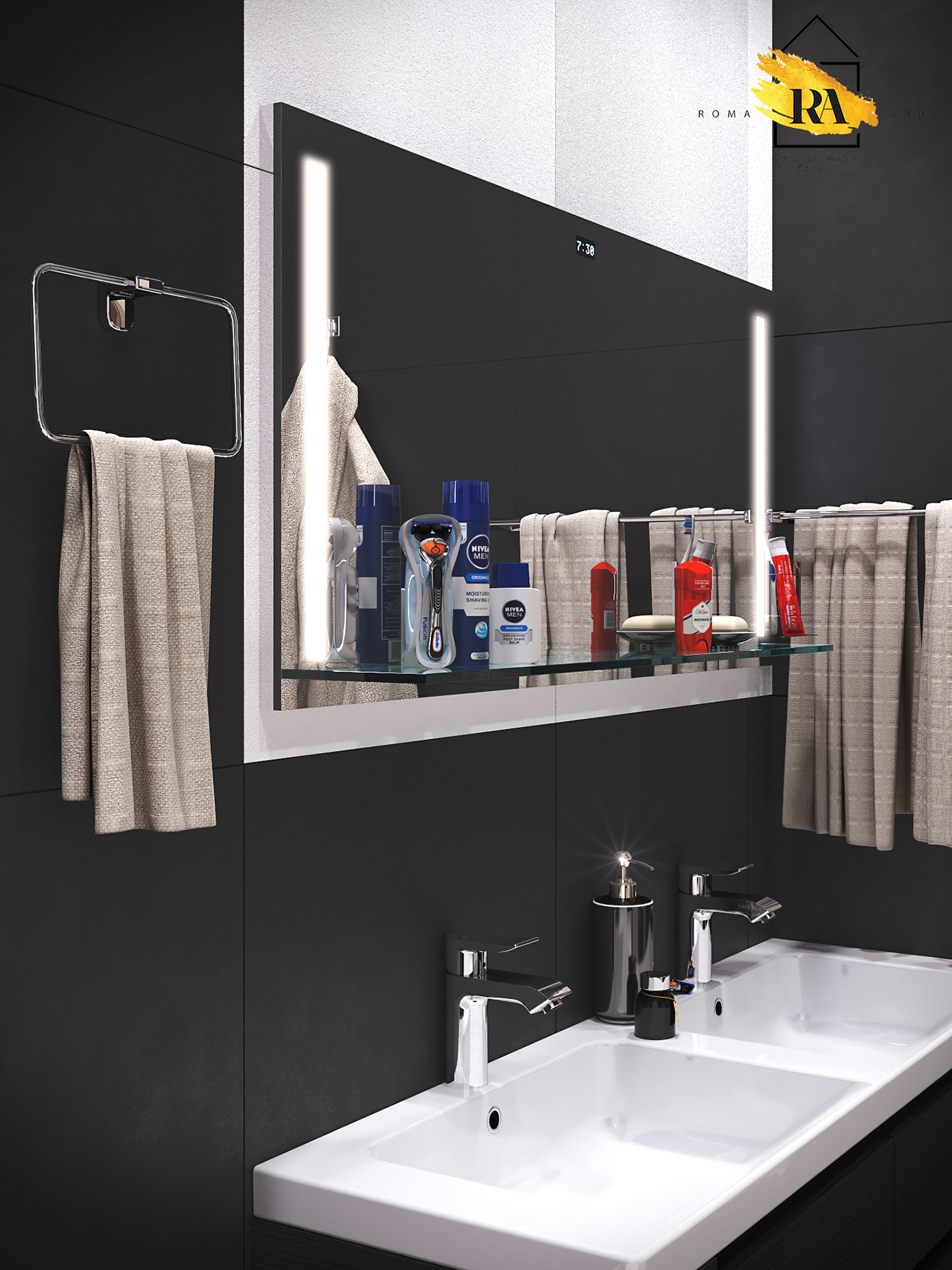 बाथरूम का दृश्य 3d max corona render में प्रस्तुत छवि