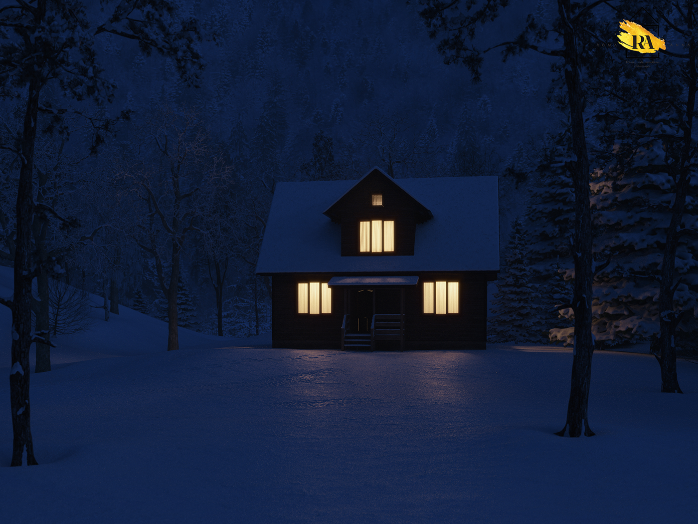Casa na floresta de inverno em 3d max corona render imagem
