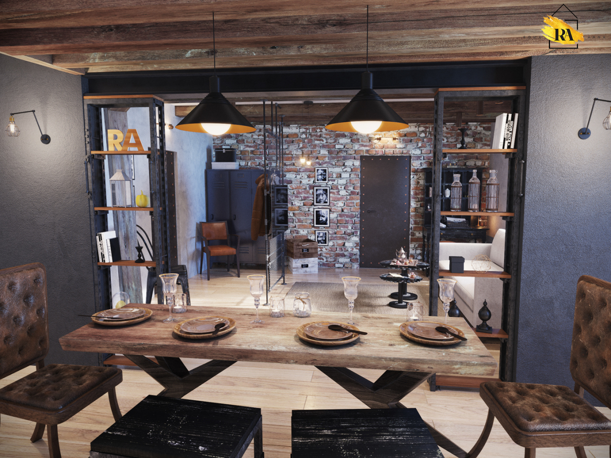 Hint tarzı oturma-yemek odası in 3d max corona render resim