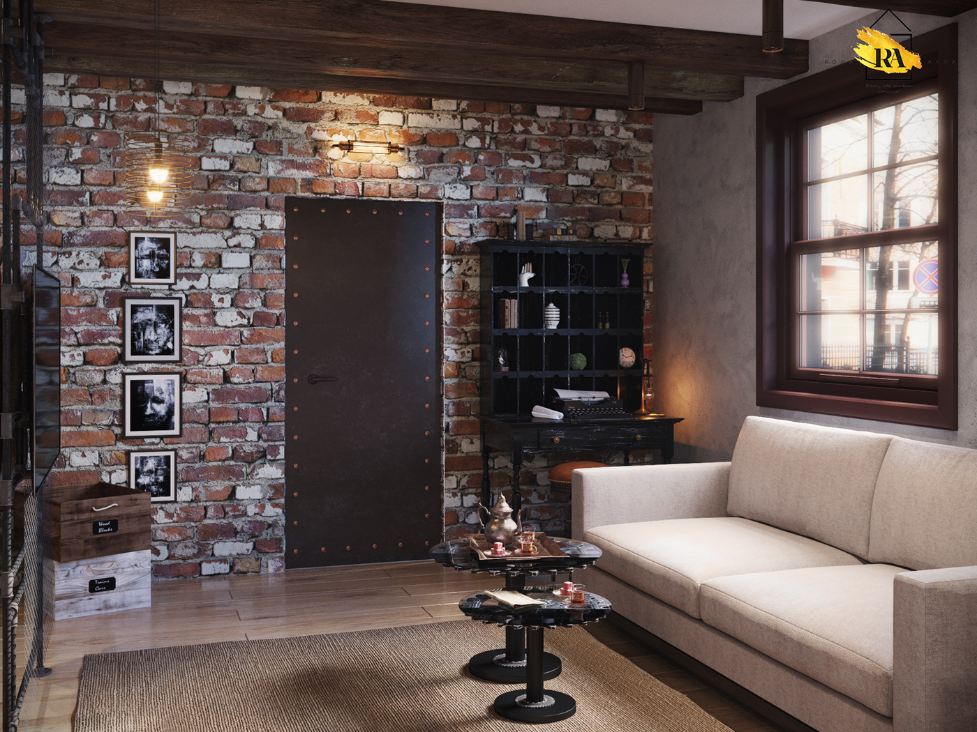 Вітальня-їдальня в стилі Індастріал в 3d max corona render зображення