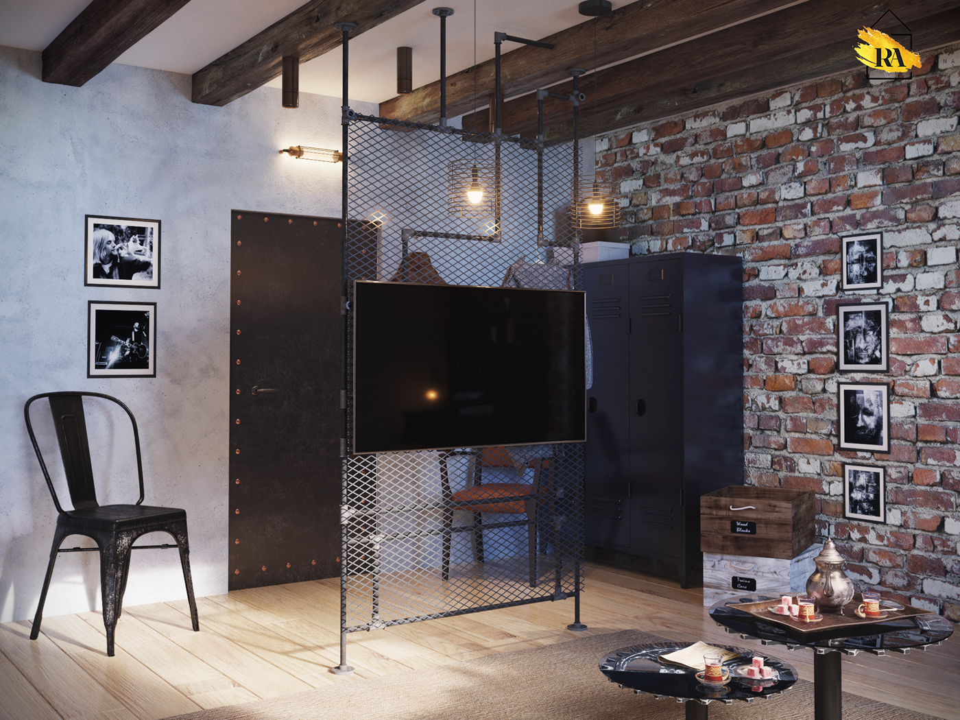 Гостиная-столовая в стиле Индастриал в 3d max corona render изображение