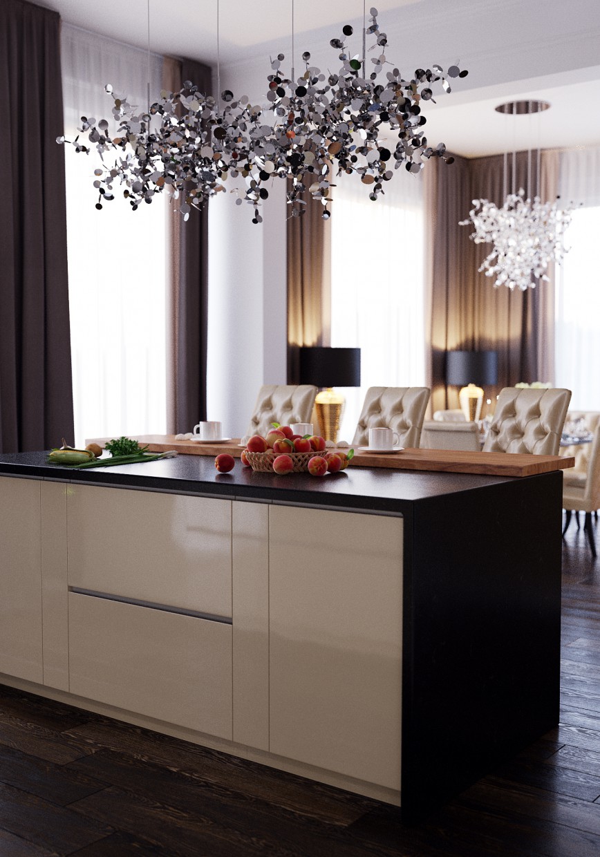 Wohnzimmer + Küche in 3d max corona render Bild