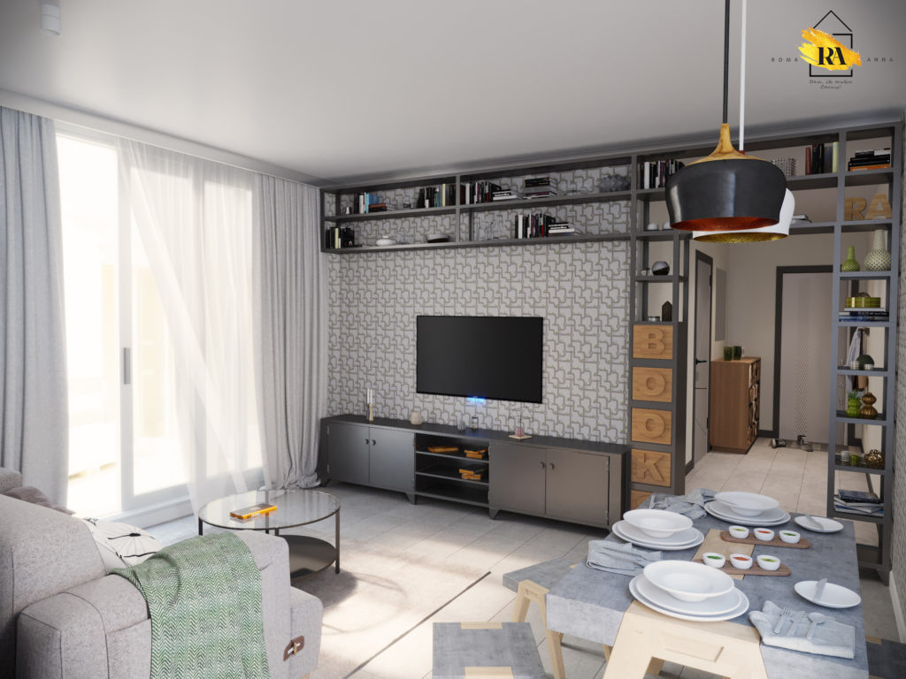 Visualization of the "Concrete" living-dining room in 3d max corona render image