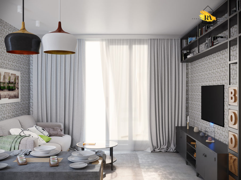Visualizzazione del soggiorno-sala da pranzo "Concrete" in 3d max corona render immagine