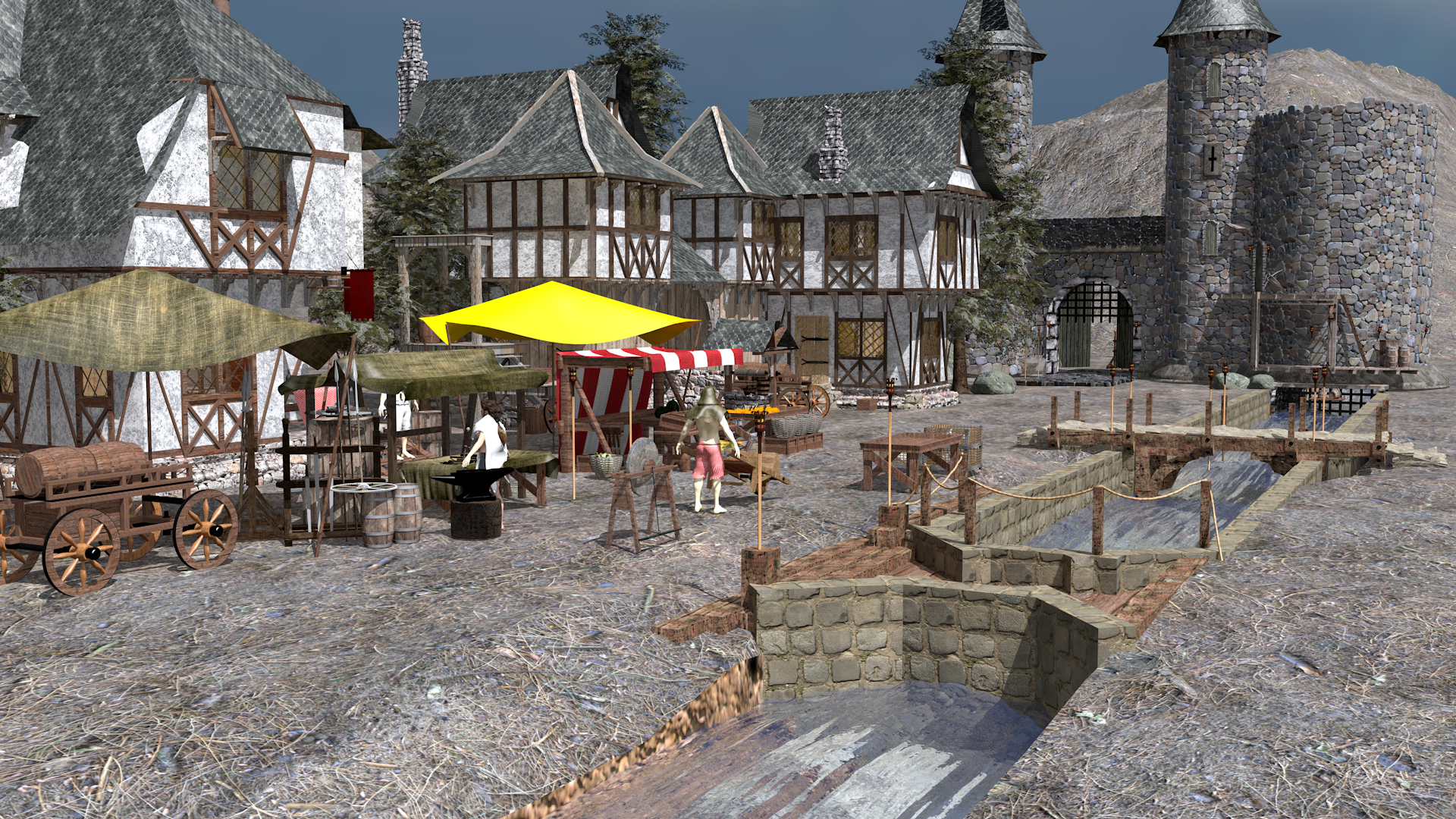 मध्यकालीन गाँव Cinema 4d maxwell render में प्रस्तुत छवि