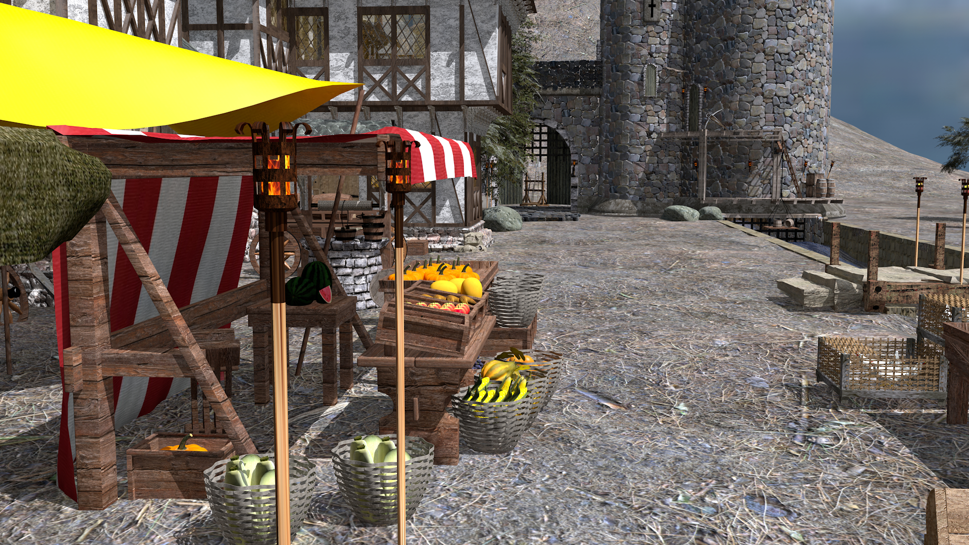 Средневековая деревня в Cinema 4d maxwell render изображение