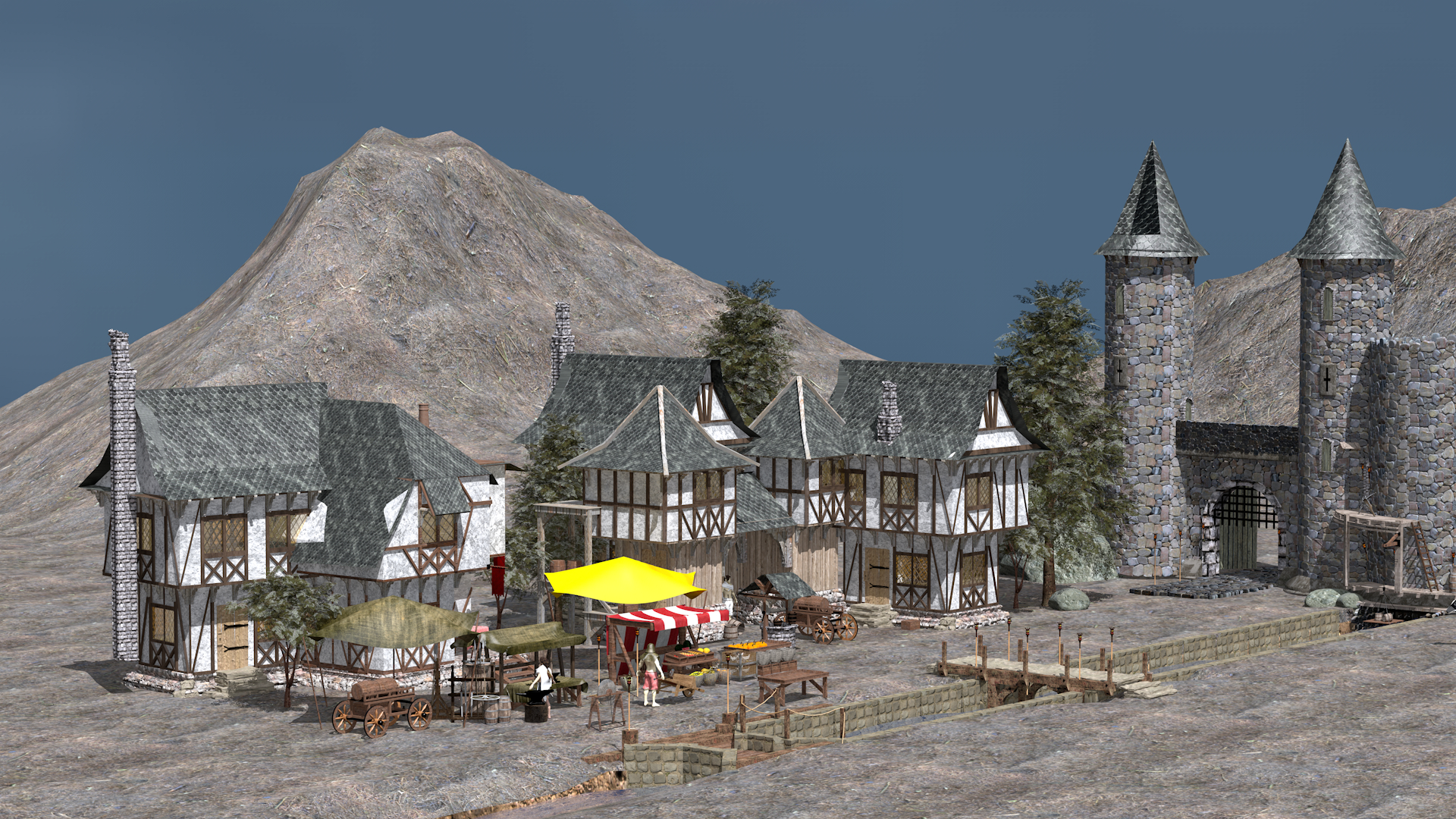 Mittelalterliches Dorf in Cinema 4d maxwell render Bild