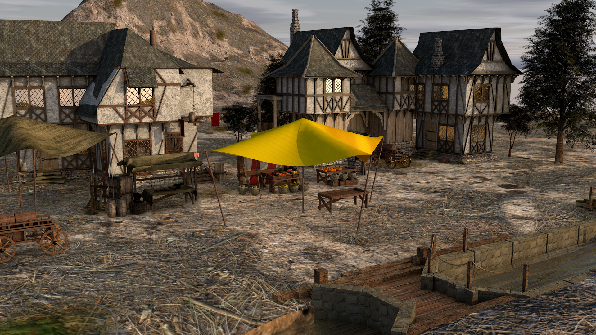 मध्यकालीन गाँव Cinema 4d maxwell render में प्रस्तुत छवि