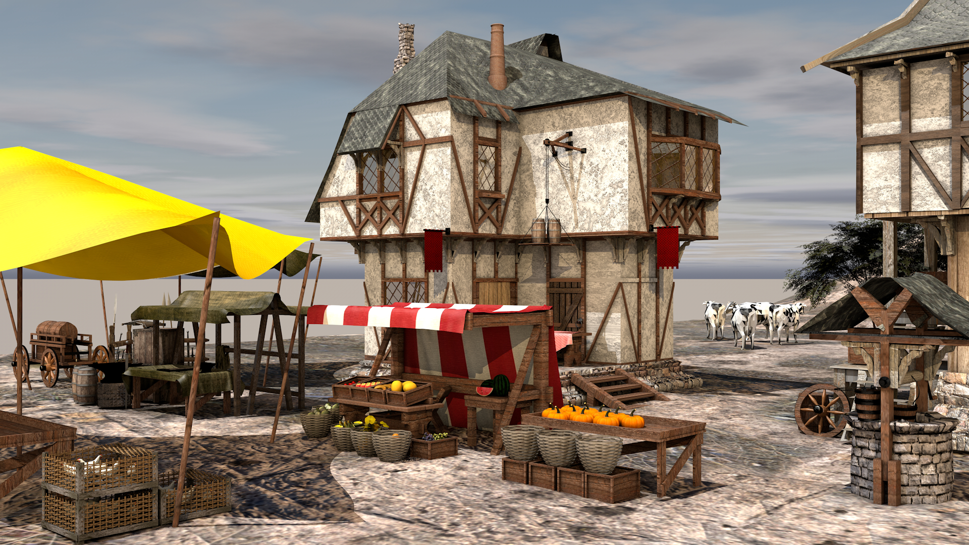 Середньовічне село в Cinema 4d maxwell render зображення