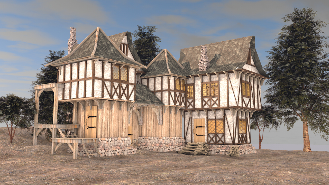 Medieval village in Cinema 4d maxwell render image