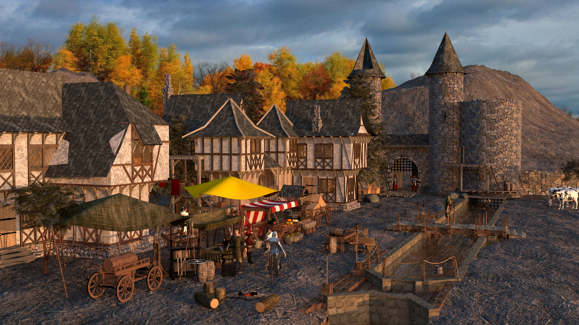 Средневековая деревня в Cinema 4d maxwell render изображение