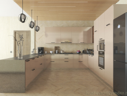 Large modern U-shaped kitchen (day and evening lighting)