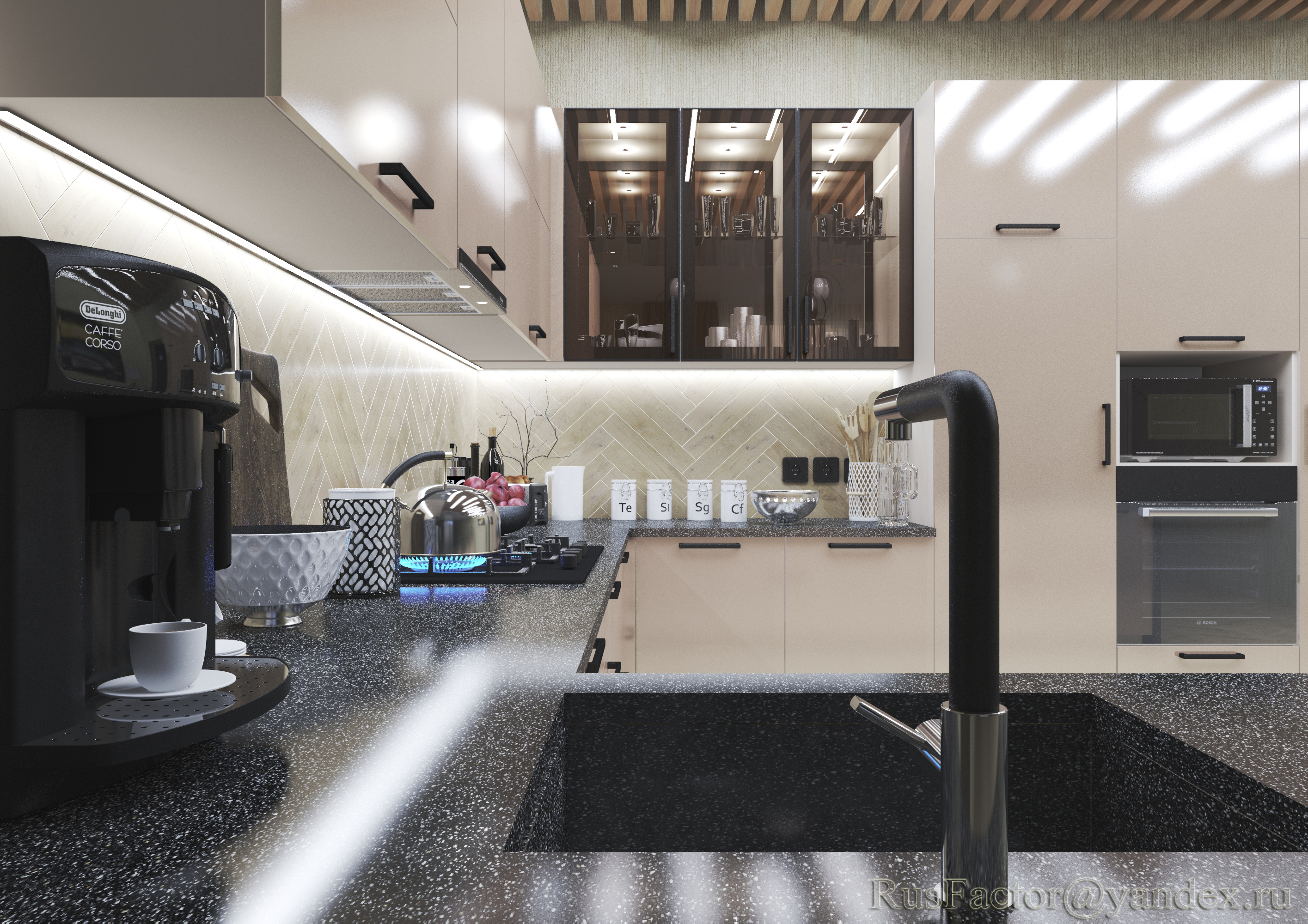 imagen de Gran cocina moderna en forma de U (iluminación diurna y nocturna) en 3d max vray 3.0