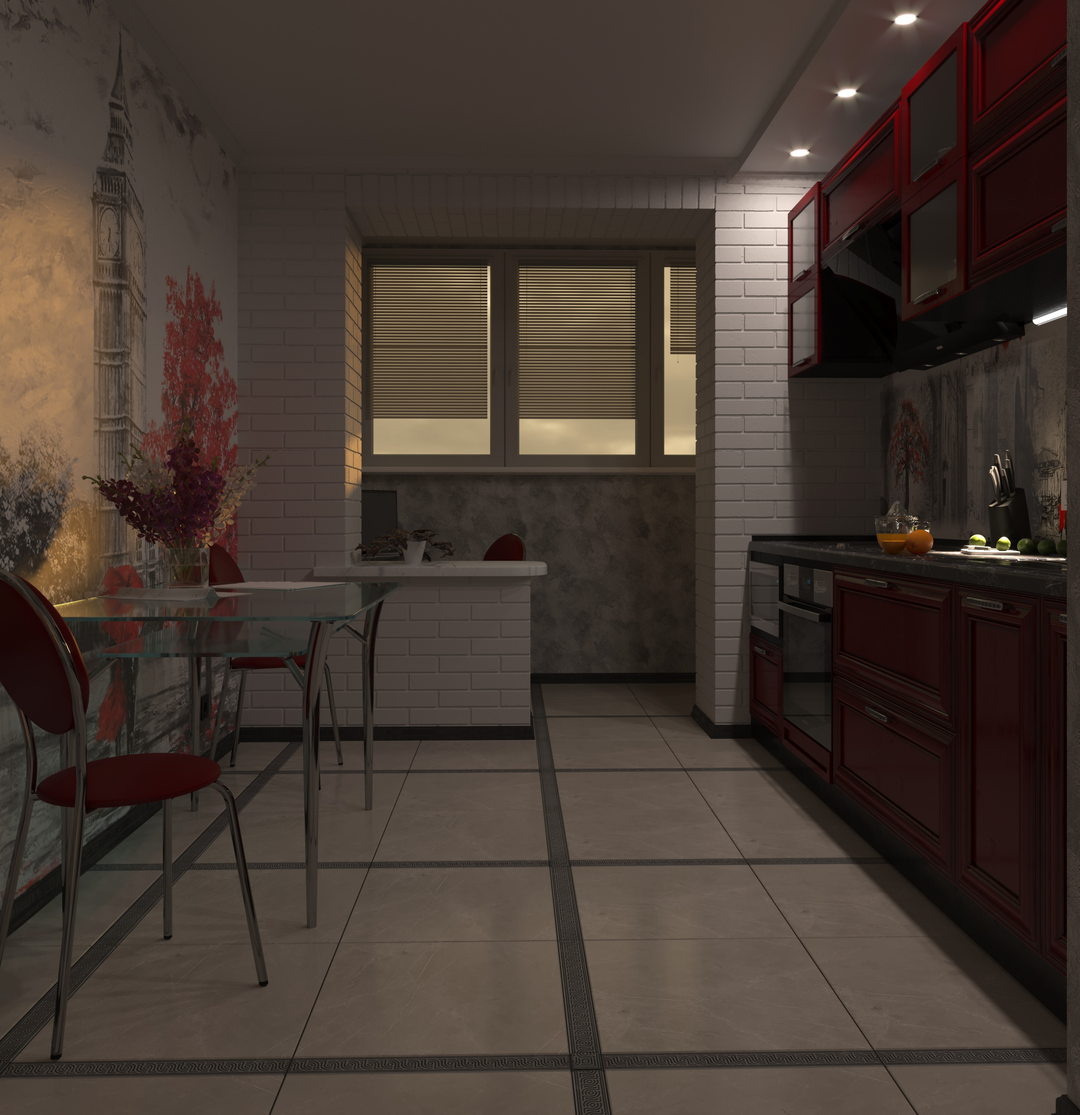imagen de cocina de dos habitaciones en 3d max corona render