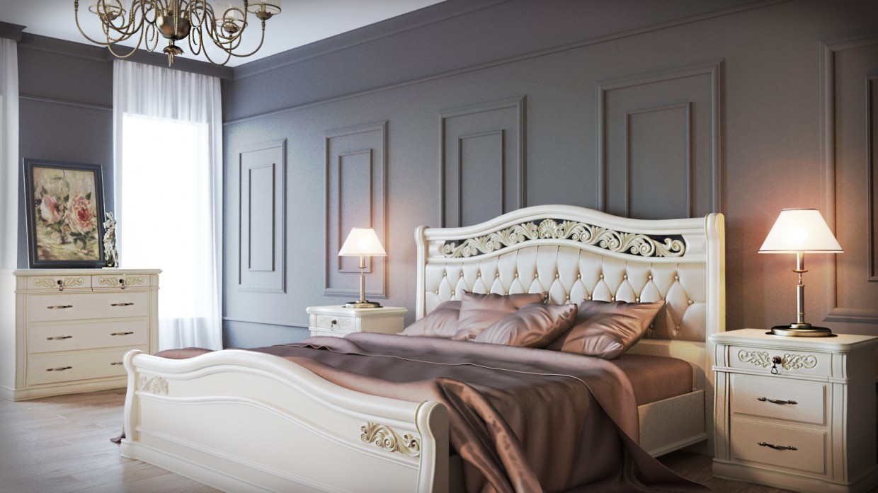 Baroque शैली बेडरूम 3d max corona render में प्रस्तुत छवि