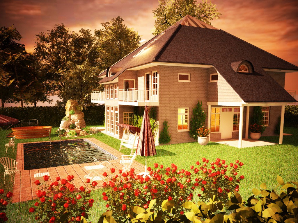 House with attic-greenhouse in Cinema 4d vray image