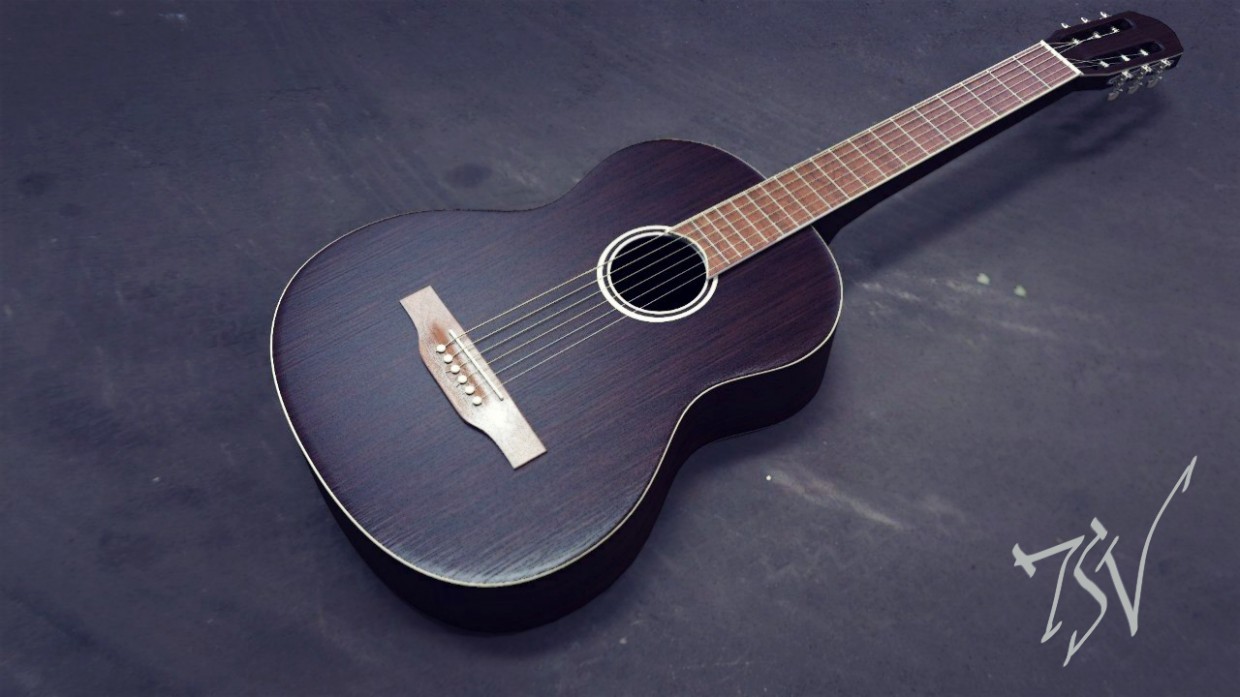 एक गिटार के 3D मॉडल Maya vray में प्रस्तुत छवि