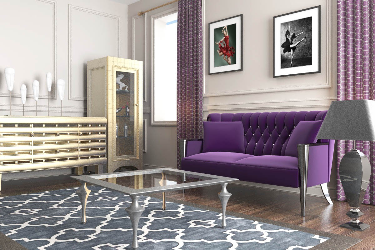 imagen de sofá púrpura en 3d max vray 2.0
